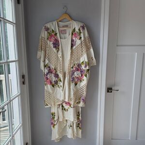 Vintage 2 Piece Ana Rosa Handpainted Floral Gauzy Maxi Dress Jacket